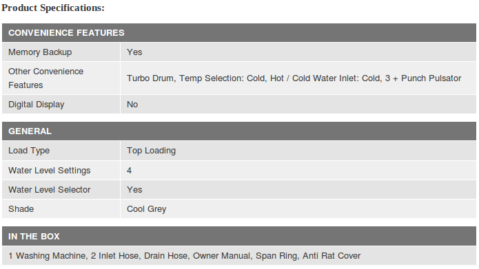 product specifications