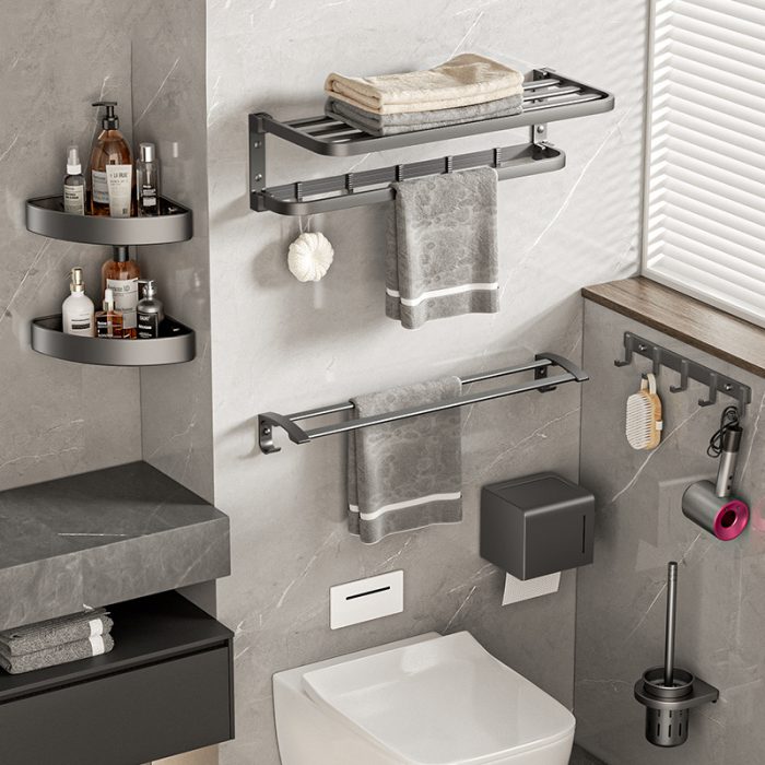 Space Aluminum Gun Gray Towel Rack Bathroom Shelf Bathroom Wall Hanging Toilet Towel Rack Set No punching